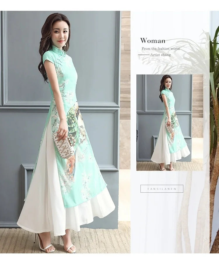 1pcs/lot Summer Elegant Slim Women Painting Cheongsam White Dress Qipao Chiffon Vintage Chinese Style Dress - Seprincess