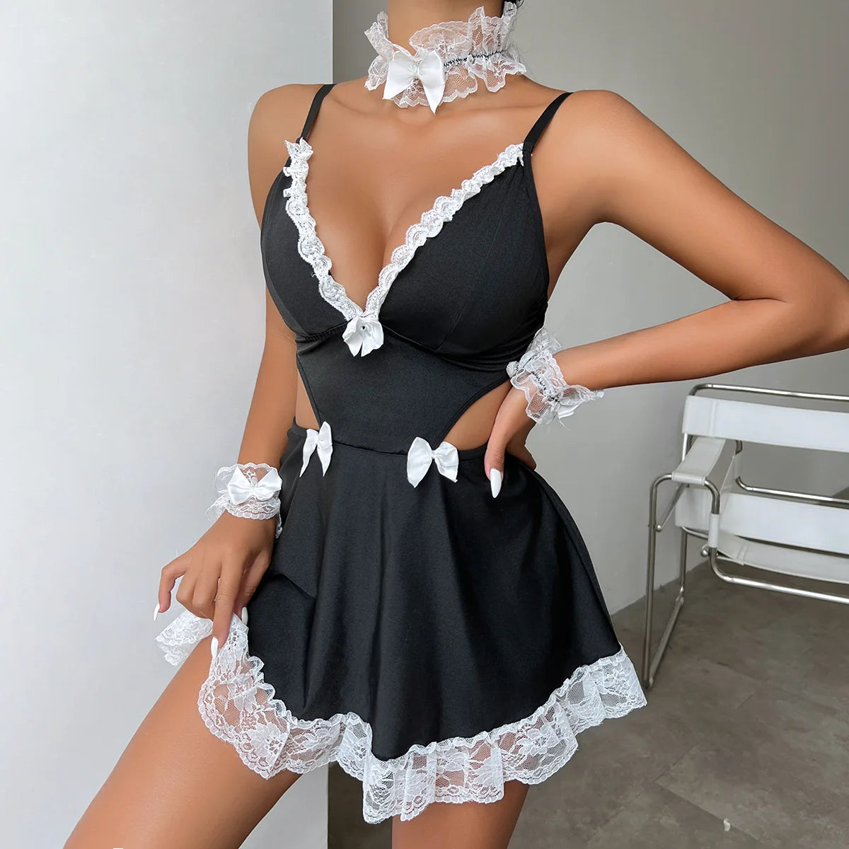 Erotic lingerie Lace lace deep V-bow dress Babydoll sexy woman clogs bra sets bikinis sets thong thong Sexy bra sexy set xxx - Seprincess