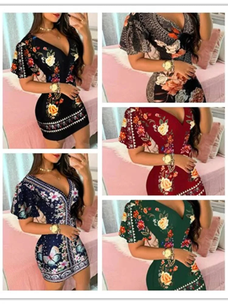 Summer Elegant Floral Print Bodycon Mini Dress Women 2024 Fashion Sexy Deep V-neck Package Hip Dresess Office Lady Party Dress - Seprincess