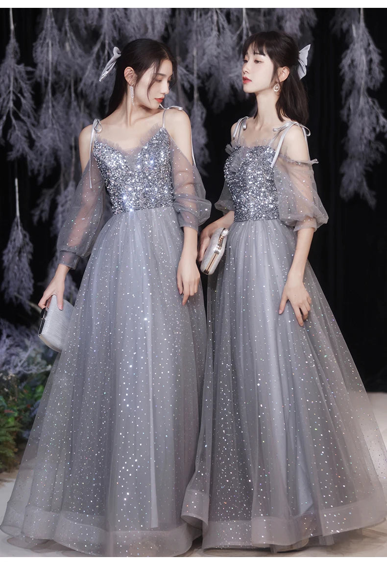 Grey Bridesmaid Evening Dress Women Off Shoulder Sequins Wedding Party Vestidos Fairy Temperament Sisters Group Gown Summer - Seprincess