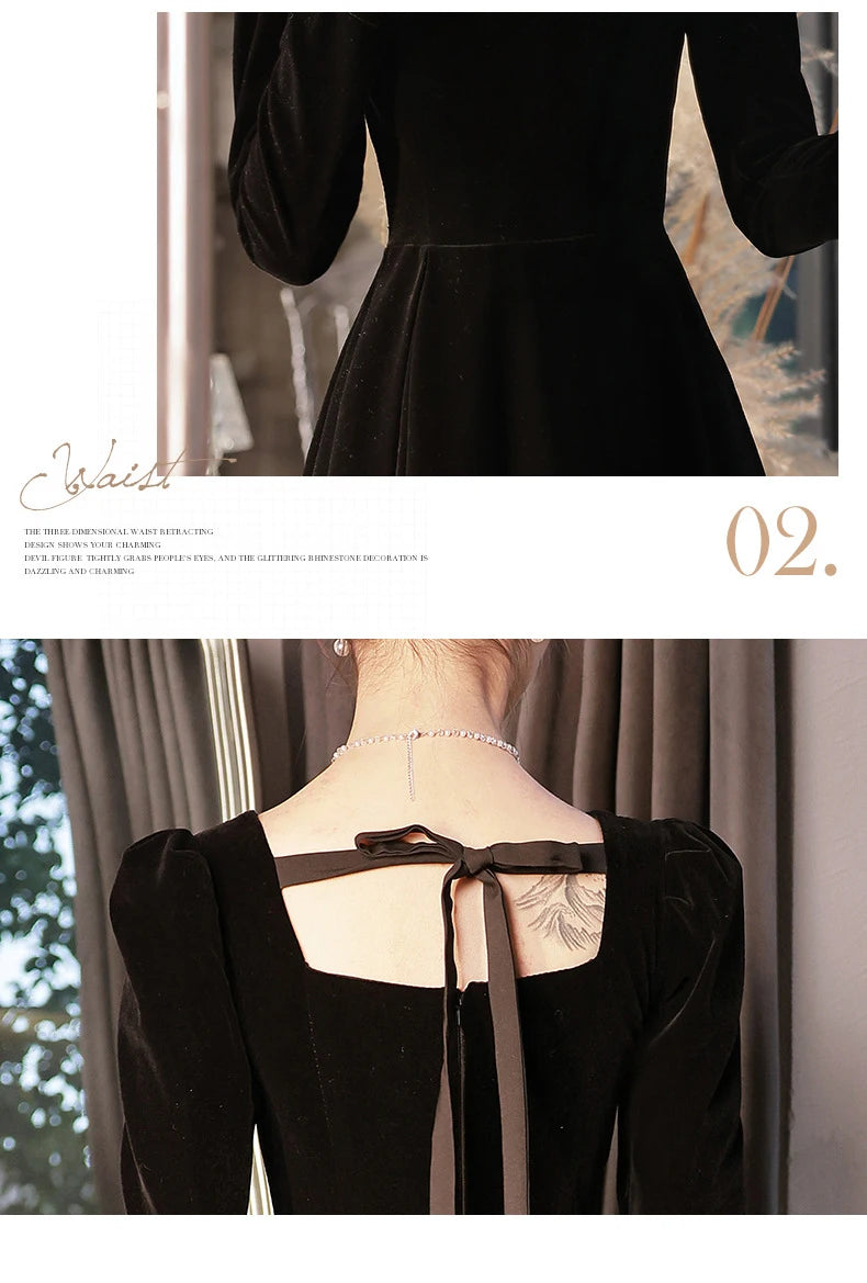 Autumn Winter Black Evening Dress Women Elegant  Luxury Velvet Long Sleeve A-line Party Dresses French Beadding Prom Gown - Seprincess