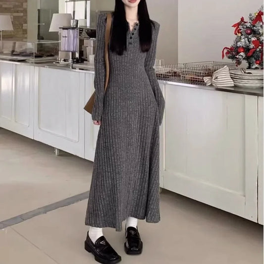 Vintage Versatile Knitted Long Sleeve Dress Women's Slimming A- line Skirt Autumn/winter Waist-fitted Long Dress - Seprincess