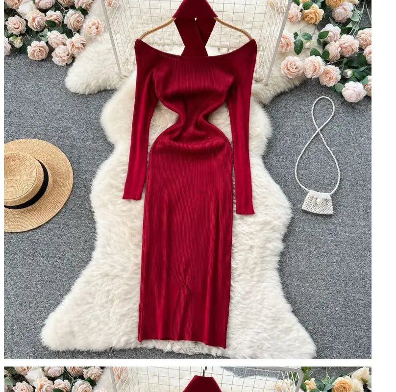 Autumn Winter Women Long Dress Elegant Halter Slim Waist Knitted Bodycon Dress Korean Office Lady Sweater Dresses Vestidos - Seprincess