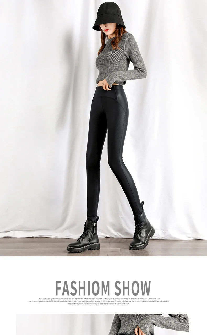 Women Faux Leather Leggings Slim Autumn Winter Letter Fashion High Waist Tight Warm Thin Velvet PU Leather Pants for Women 2024