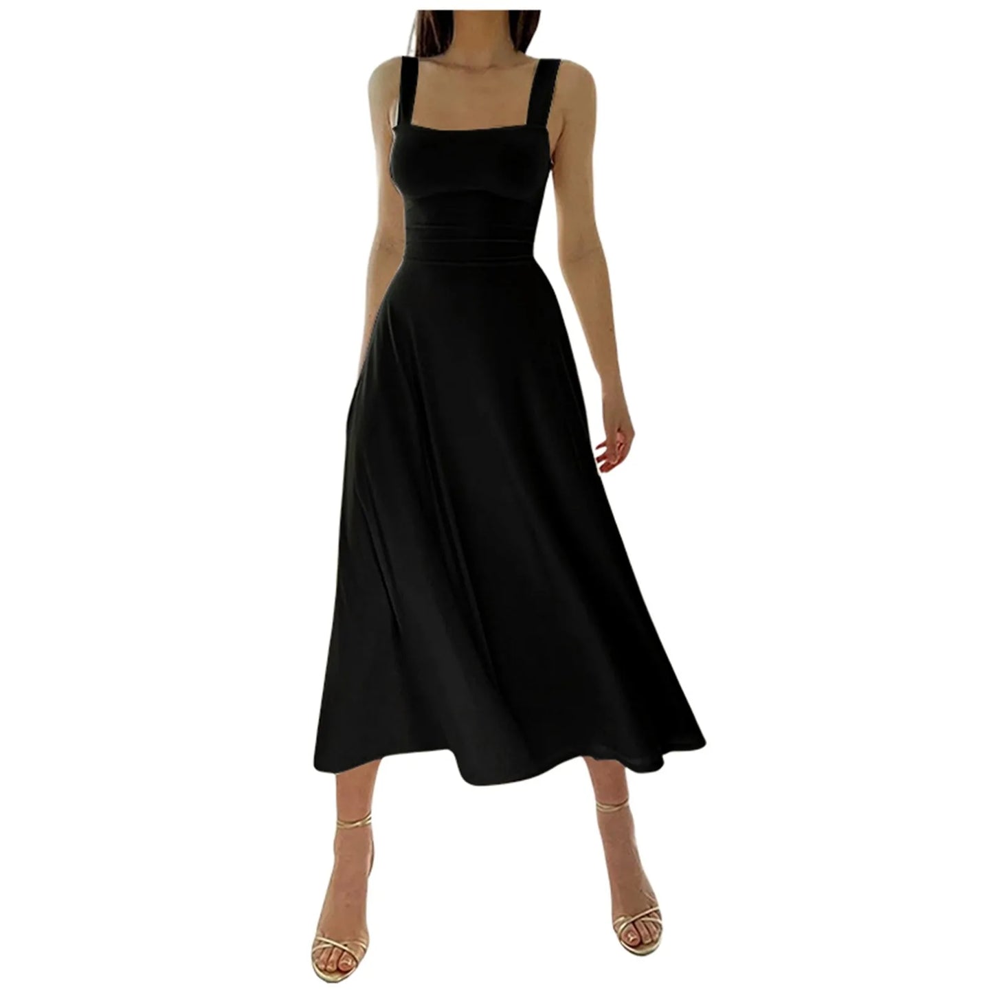 Casual Simple Solid Sundress Women High Waist Sleeveless Slash Neck Midi A-line Dress Oversized White Black Red Long Dresses - Seprincess