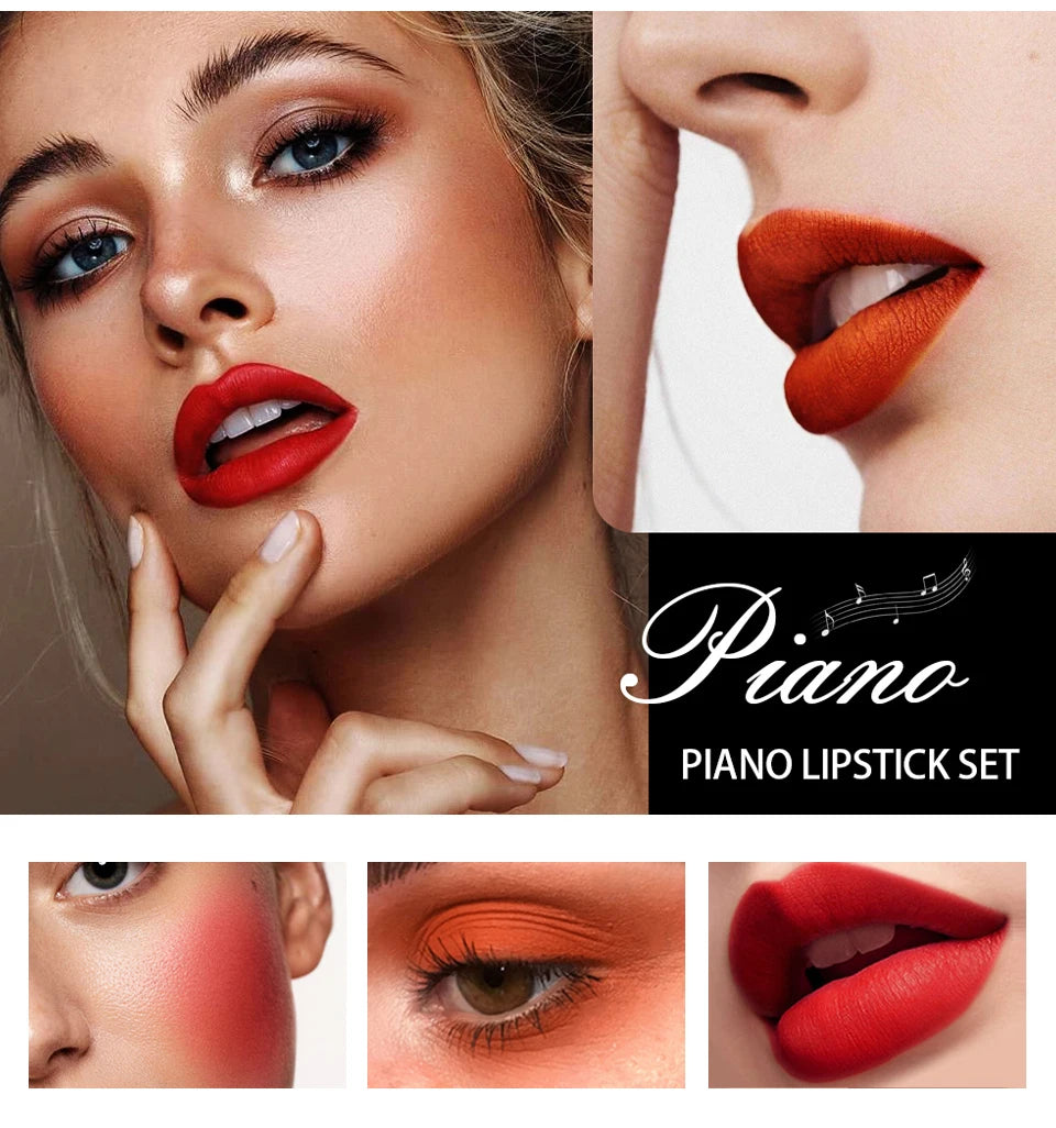 8Pcs/Set Velvet Matte Lipstick Set Long Lasting Waterproof Creative Piano Box Design Nude Red Batom Makeup Cosmetic Gifts - Seprincess