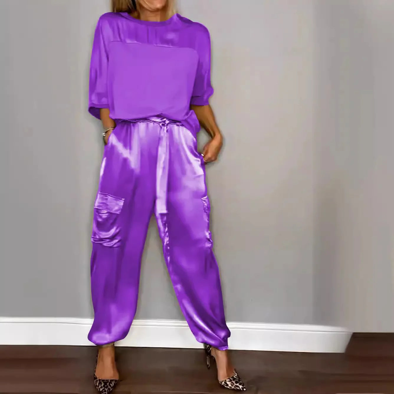 Casual Satin Shirt Pant Sets Women Fashion Pure Color Pocket Pant 2 Piece Sets Women Outfit Summer Loose Shirts Suit Ladies - Seprincess