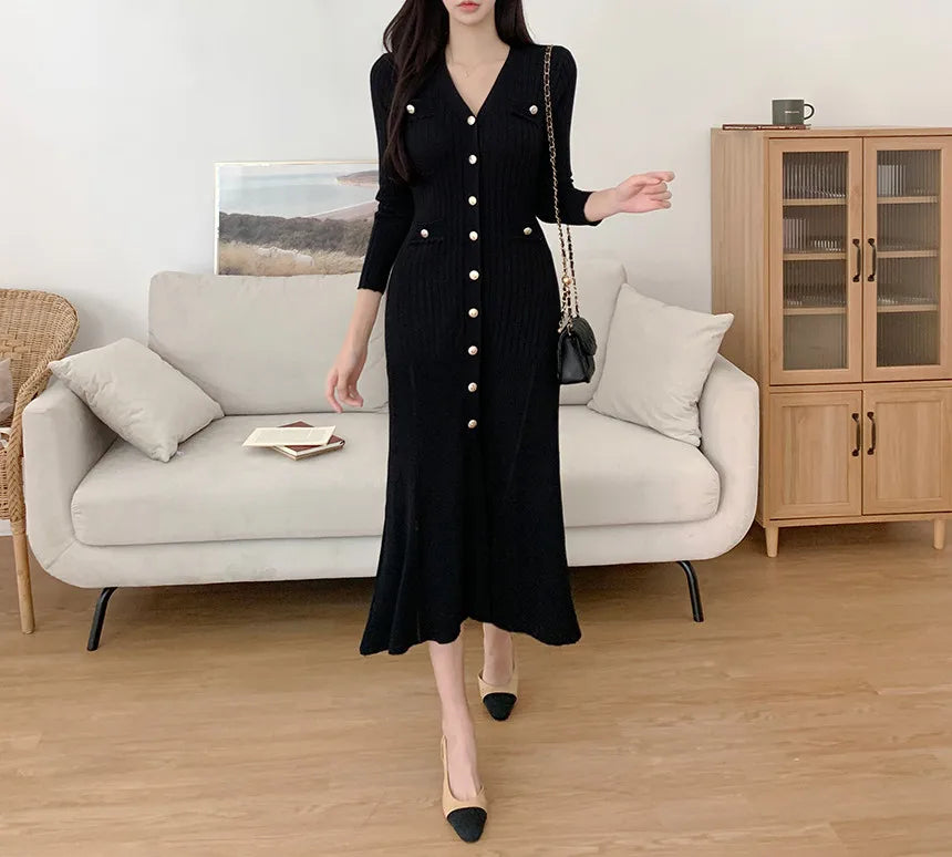 Summer Midi Dress Women Knitted Black Bodycon Korea Style Ruffle Ladies Dresses Elegant Fashion Casual Woman Dress 2024 - Seprincess