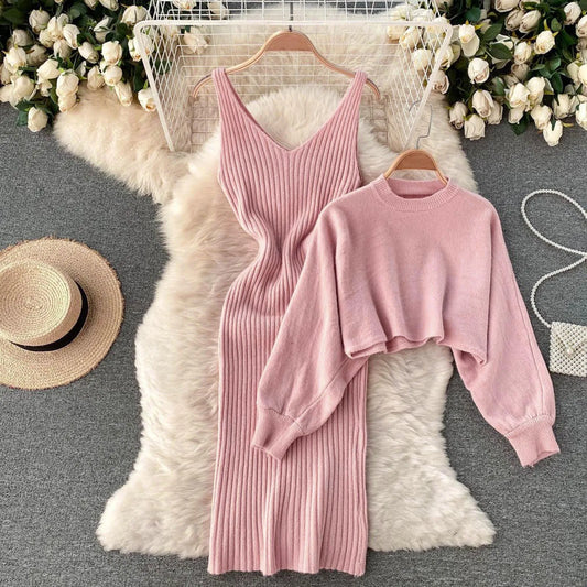 Women Autumn Winter Long Sleeve Knitted Solid Slim Elegance Tops Elastic Lazy Solid Color Knitted Dress Two Piece Dresses - Seprincess