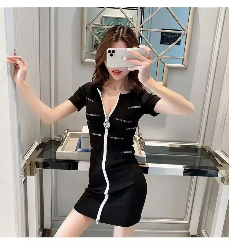 Spring/Summer 2024 V-Neck Zipper Skirt Letter Print Sexy Night Shop Dress Women's Deep V Low Cut Fashion Dress - Seprincess