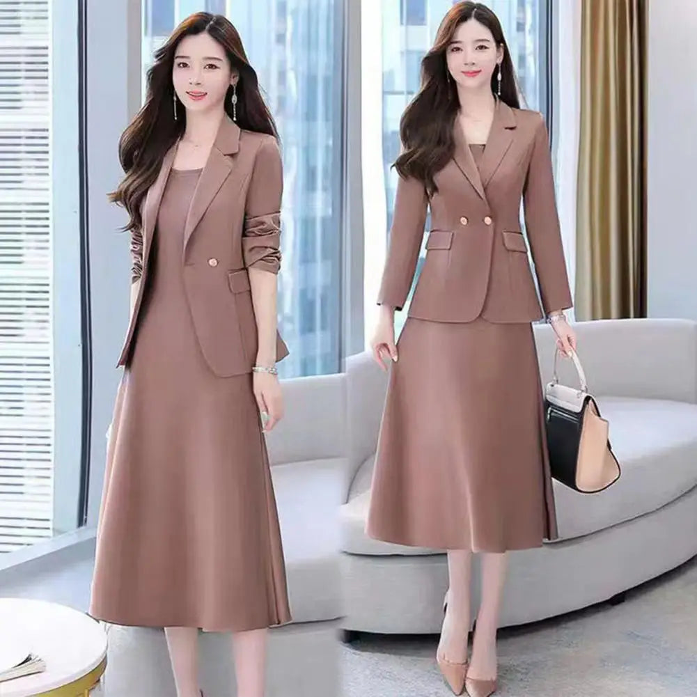 2Pcs Women Outfit Commute Trendy Office Lady Dress Coat Set Elegant Sling Style Coat Long Dress Suit Lady Business Skirt Suit - Seprincess