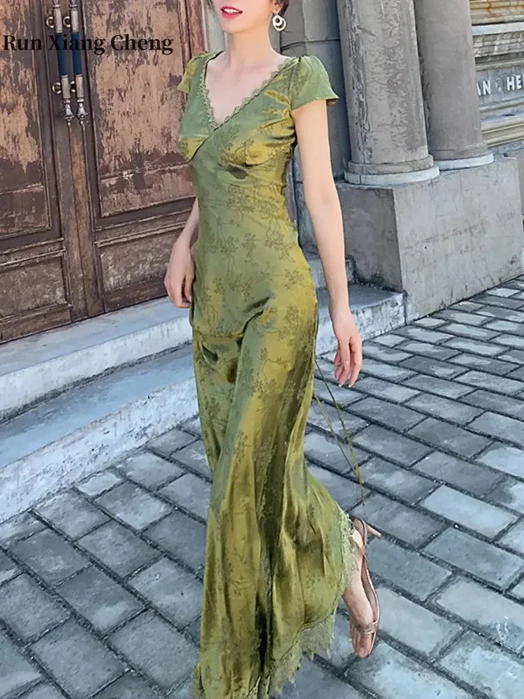 2024 Elegant Women's V-Neck Backless Satin Jacquard Long Dress Chic Turquoise Green Slim Fit Sexy Evening Gown for Party Events - Seprincess