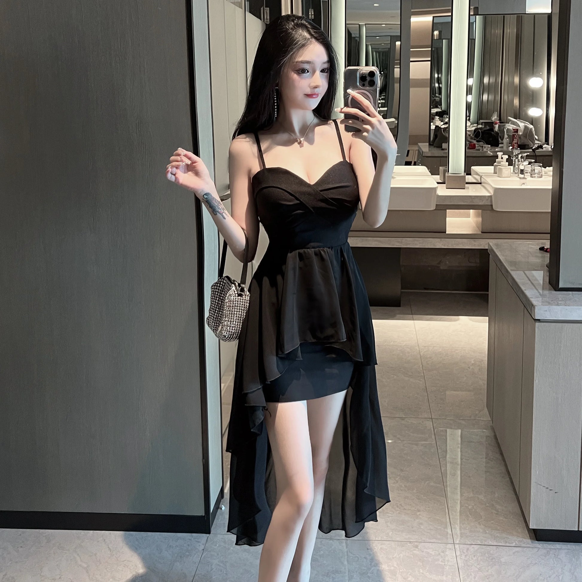 Onalippa Sexy Low-cut Strap Dress Early Spring New Temperament Feminine Irregular Waist Thin Solid Color Big Dresses Female - Seprincess