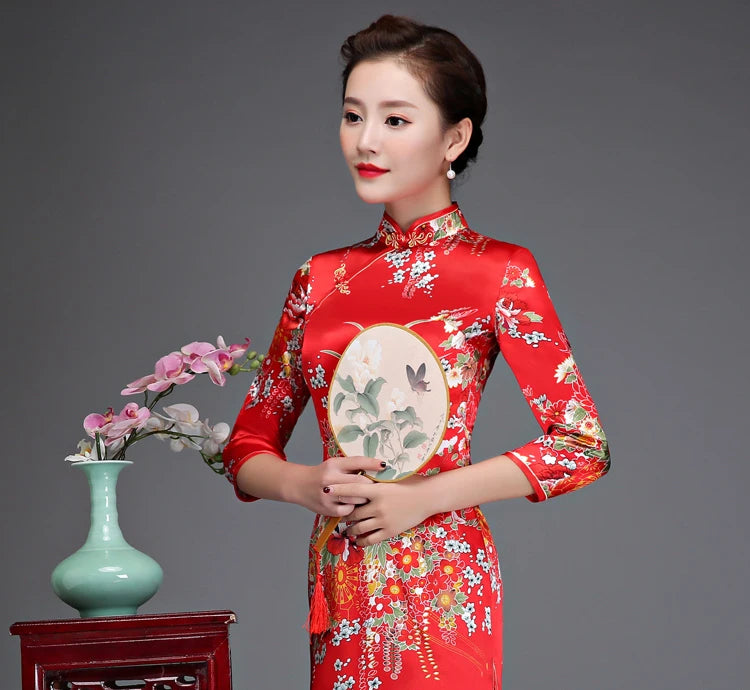 Old Shanghai Elegant Women Satin Qipao Slim 3/4 Sleeve Long Dress New Traditional Chinese Mandarin Collar Cheongsam Vestidos - Seprincess