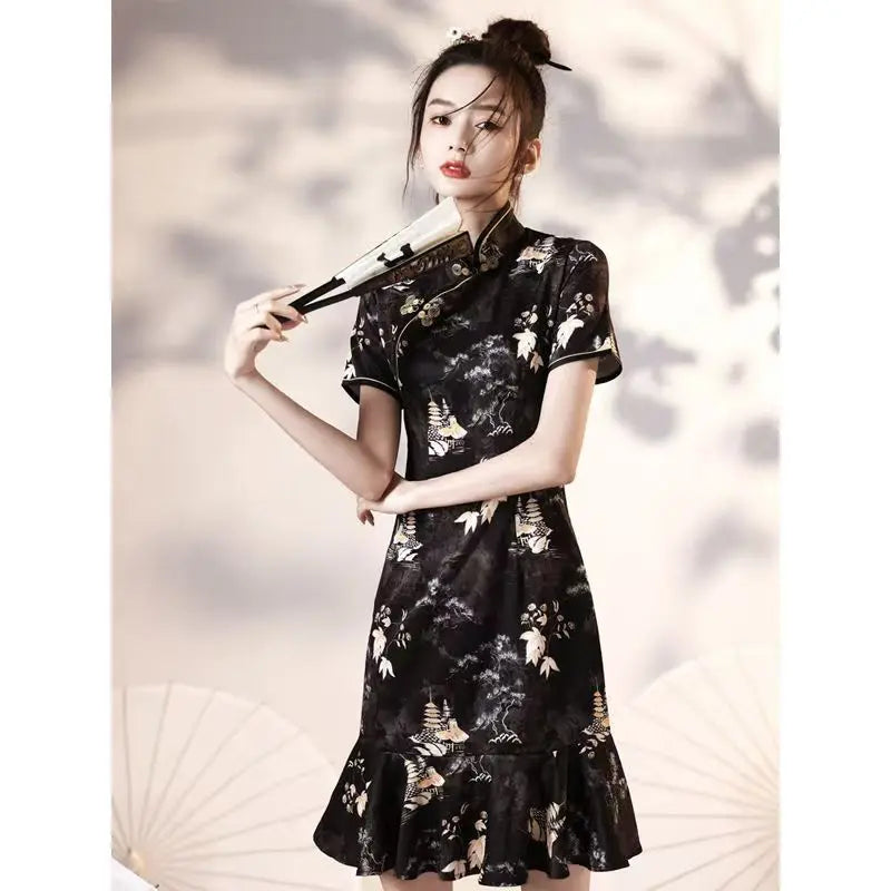 Black Evening Gown Wedding Modern Chinese Cheongsam Dress Stretch Plus Size Chipao 2XL Sexy Traditional Vintage Qipao - Seprincess