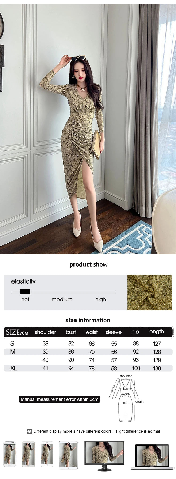 Elegant Retro Women Midi Dress Bright Shiny Sequin Silk Cotton Snake Print Folds Slit Bodycon Robe Femme Party Banquet Vestidos - Seprincess