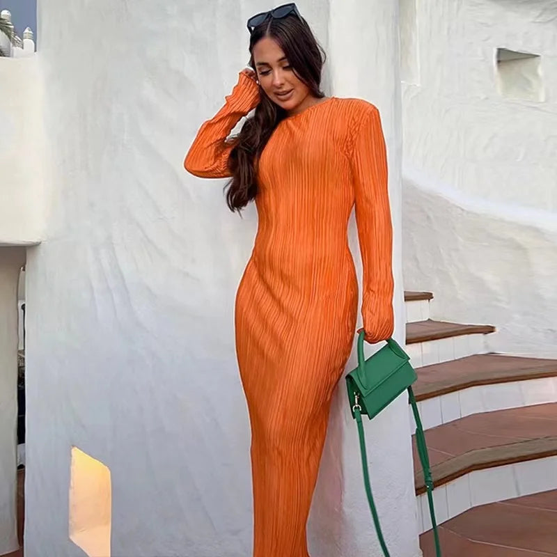 2024 Autumn Elegant Bodycon Dress Women Sexy Solid O Neck Flare Sleeves Long Summer Dresses Holiday Vestidos Black Red Orange - Seprincess