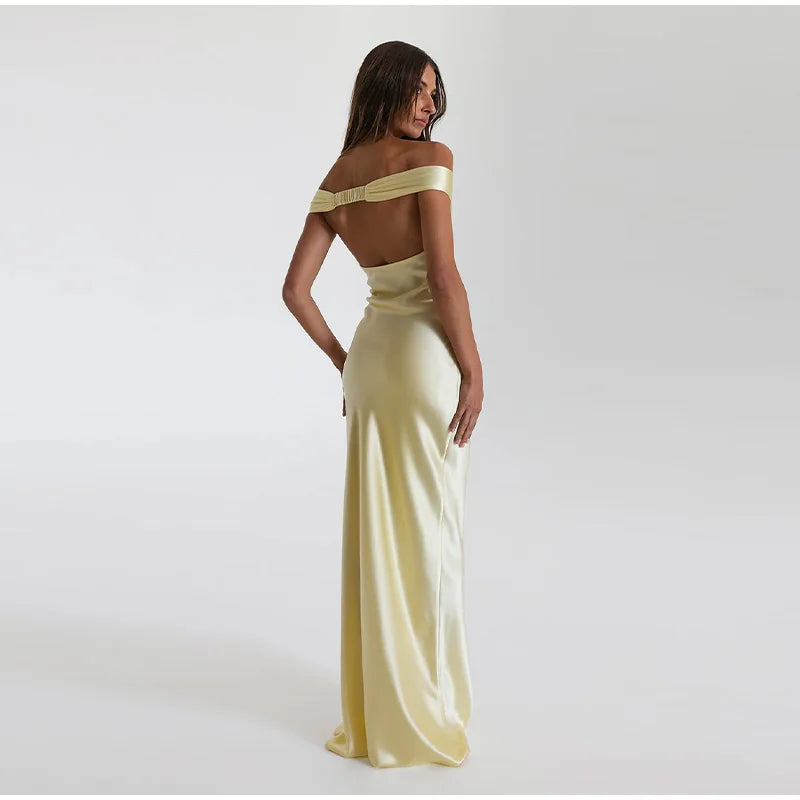 Elegant Satin Backless Party Maxi Dress For Women Fashion Off Shoulder Sleeveless Slim Long Robe 2024 New Lady Chic Evening Gown - Seprincess