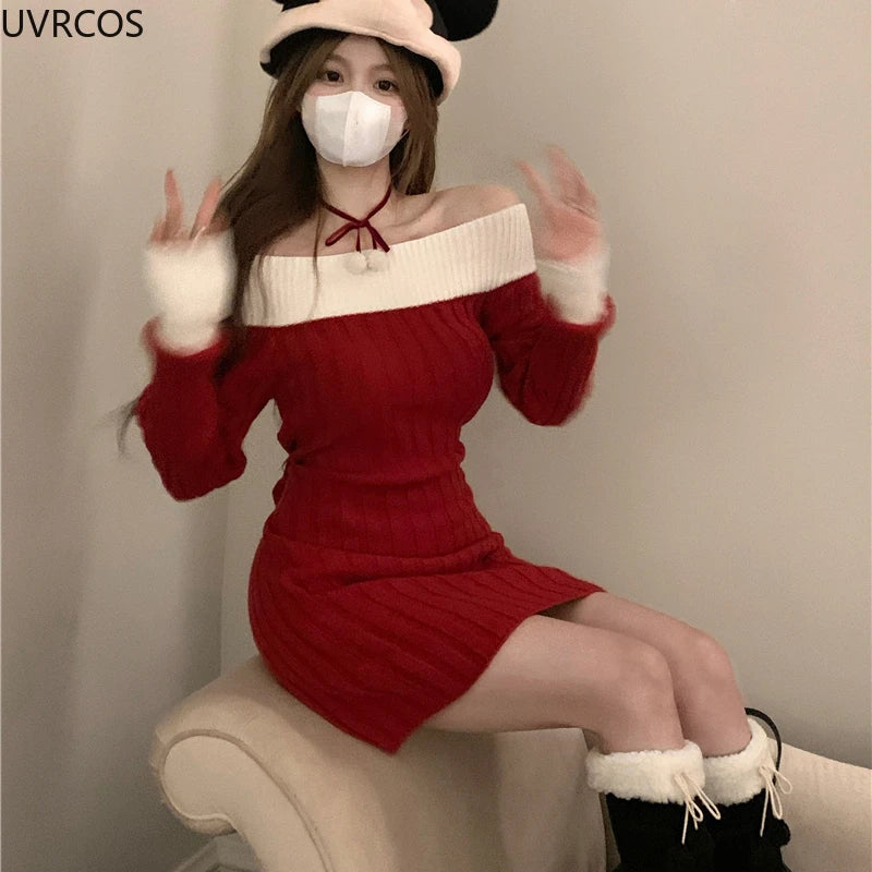 Sexy Red Christmas Dress Women Autumn Winter Korean Style Slash Neck Bodycon Knitted Dresses Female Elegant Y2k Party Mini Dress - Seprincess