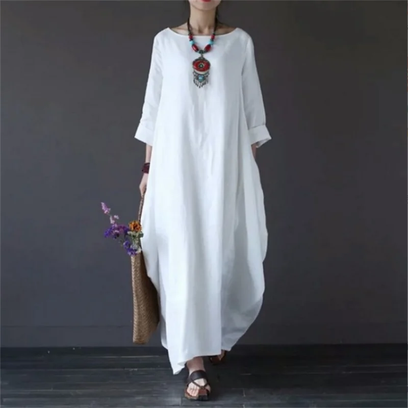 2022 Spring New Loose Size Round Neck Mid-Sleeve Large Swing Cotton And Linen Long Dress - Seprincess