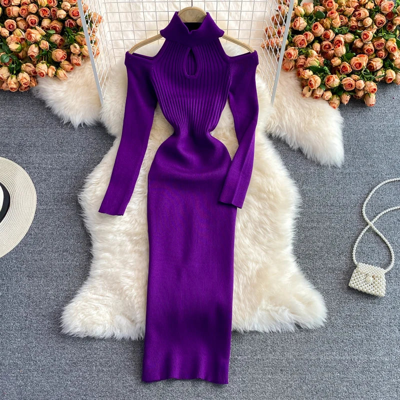 YuooMuoo Chic Fashion Sexy Wrap Hips Cut Out Shoulder Long Sleeve Knitted Autumn Dress Elegant Lady High Street Bodycon Vestido - Seprincess