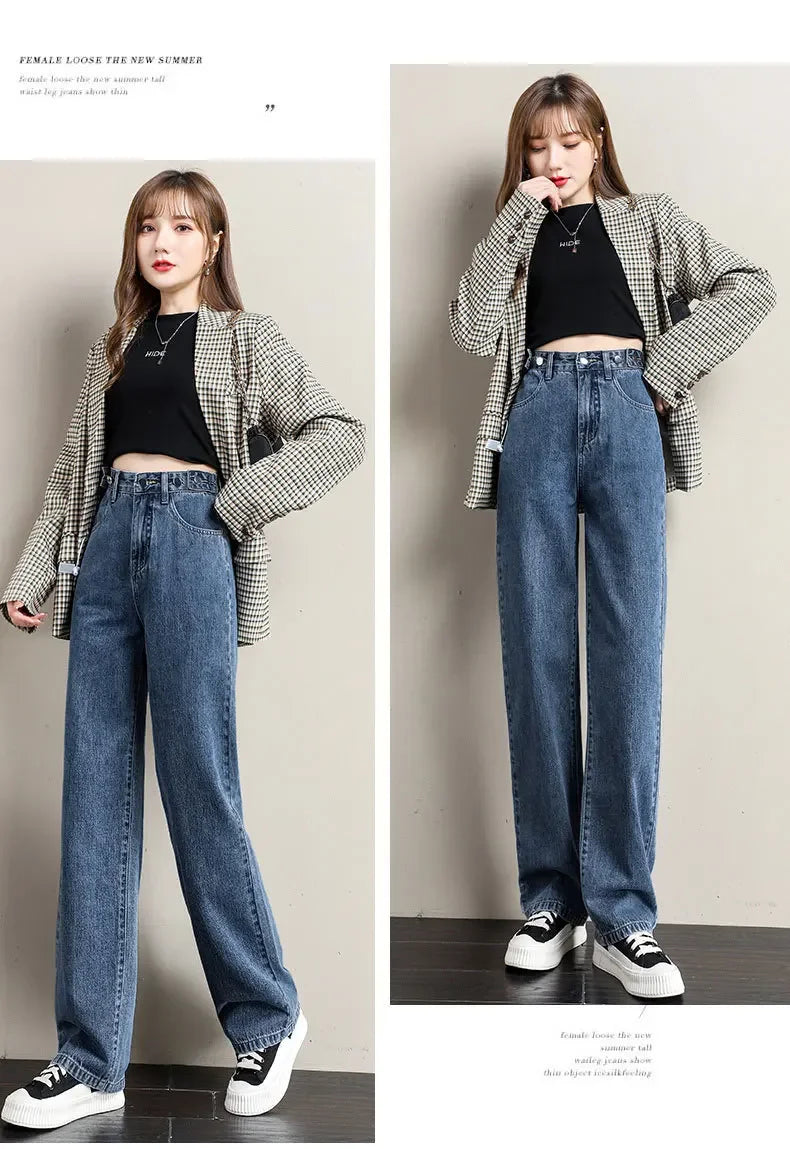 Multi-Button Wide-Leg Women's Jeans New Style Adjustable High-Waisted Straight-Leg Long Pants Loose Fit Niche Style