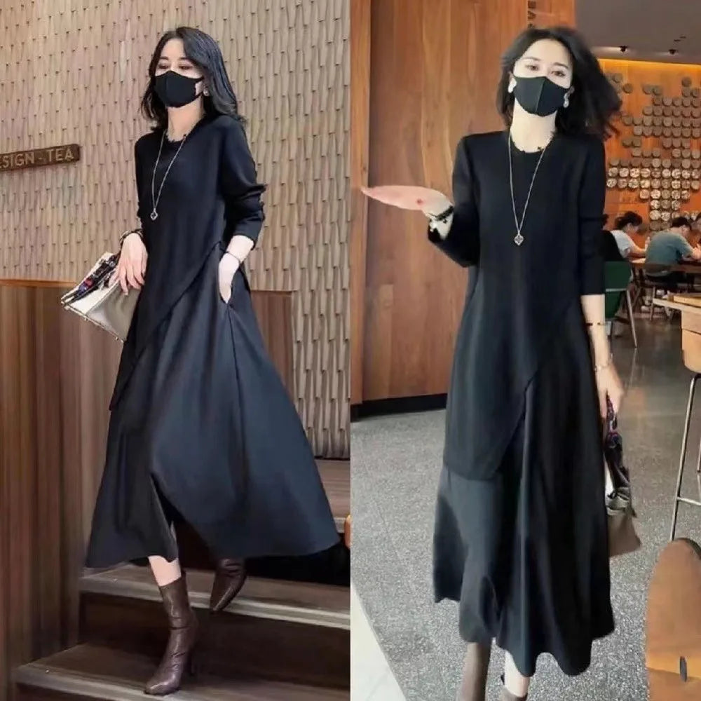 Women's Lyrical Party Dresses Long Sleeve Fake Two Piece Dress Round Neck Pure Black Skinny Casual Business Office Streetwear - Seprincess