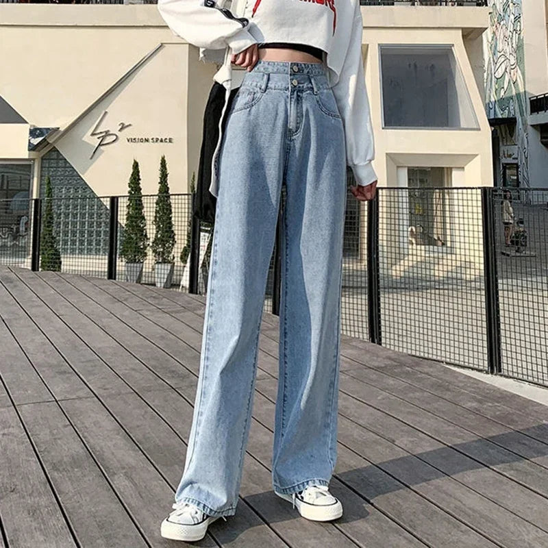 Woman High Waist Wide Leg Jeans Girls Fashion loose Straight Leg Pants Female Streetwear Light Blue Retro Blue Denim Trousers