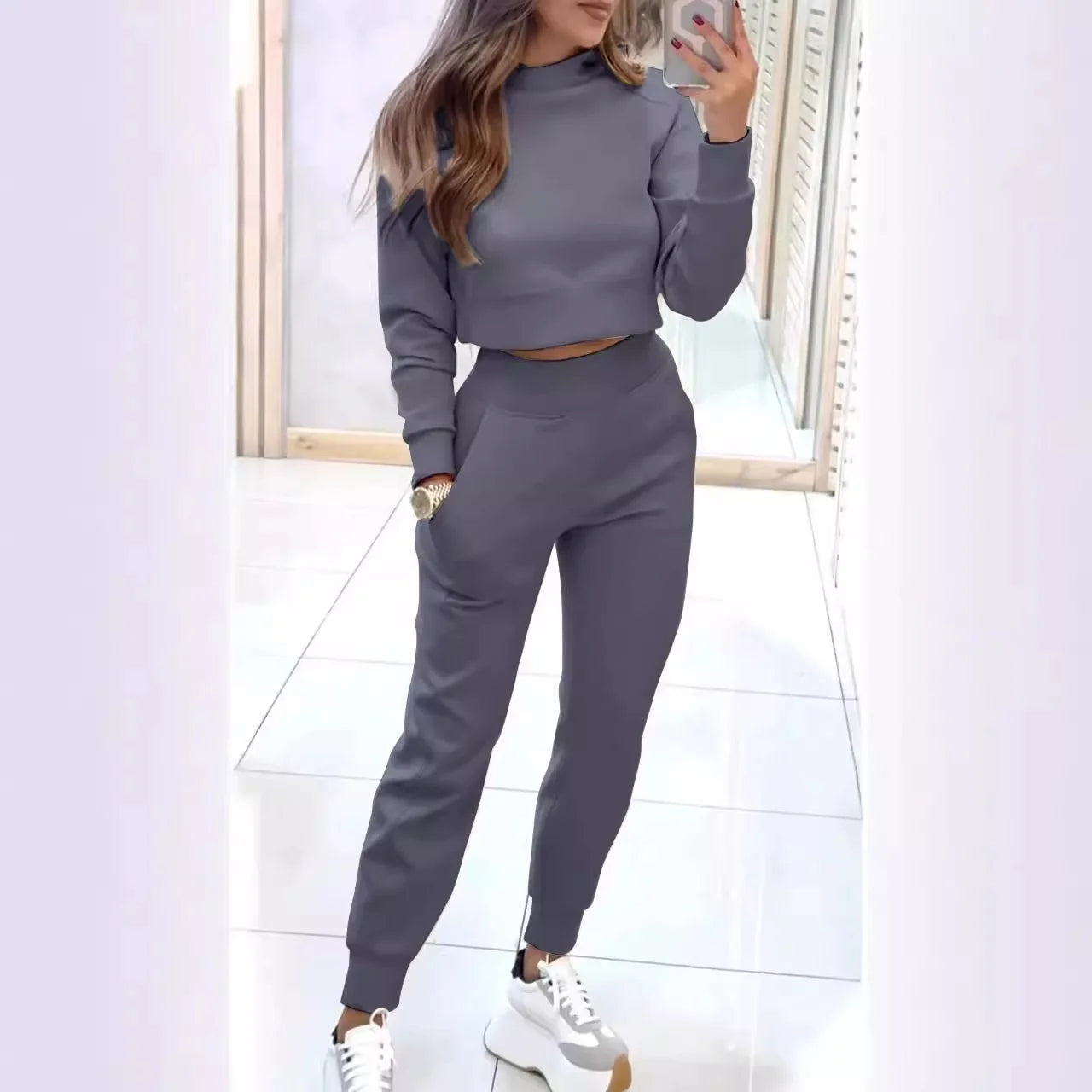 Fashion Long-sleeved Half Turtleneck Short Top + Nine-point Pants 2-piece Set Women Elegant Autumn Solid Color Slim Suit Female - Seprincess