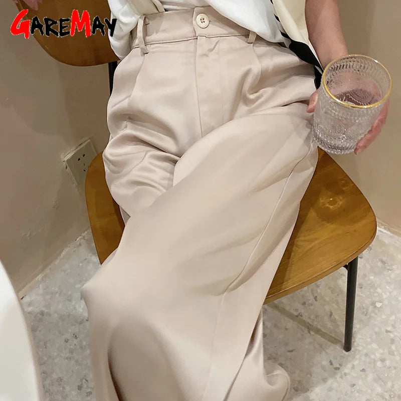 Summer Autumn Women's Pants Loose Classic Black Straight High Waist Casual Silk Satin Wide Leg Trousers for Women drape effect