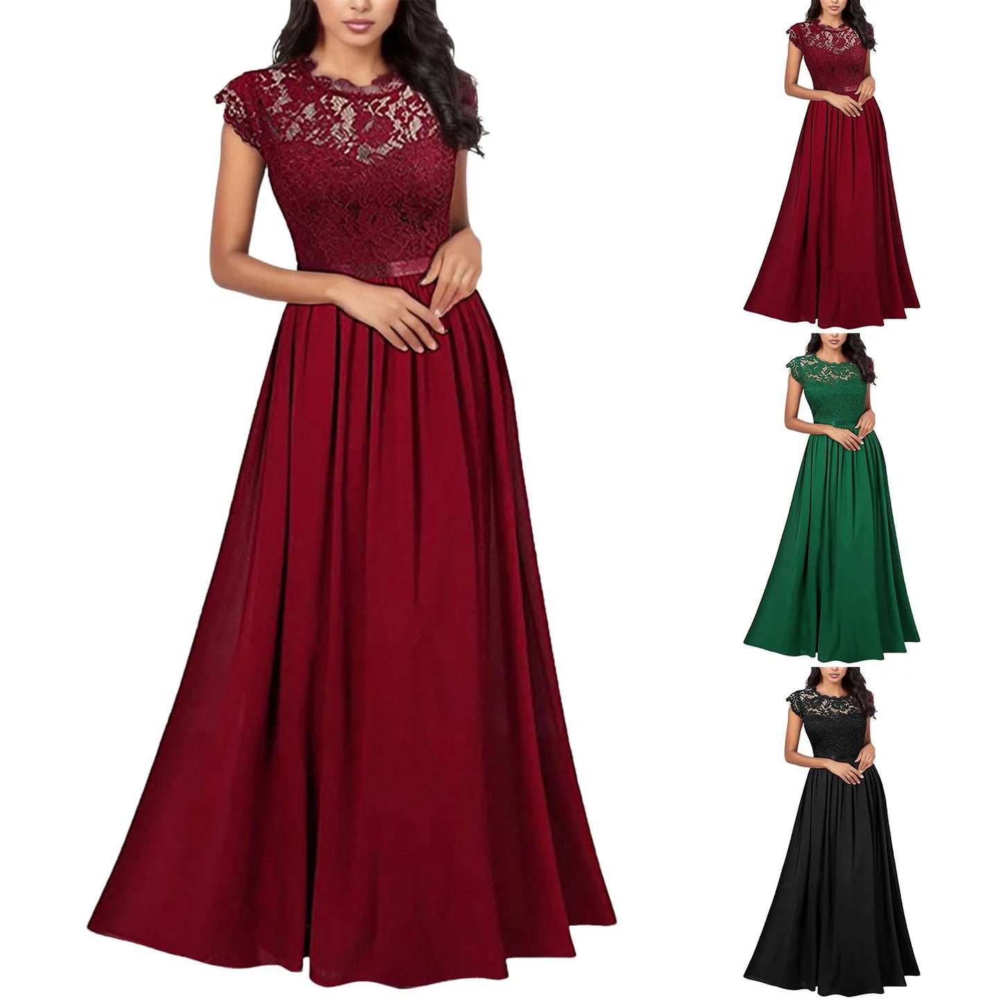 Elegant Women's Bridesmaid Wedding Long Dress Lace V Neck Party Midi Dress Short Sleeved Retro Formal Floor Length Dress - Seprincess