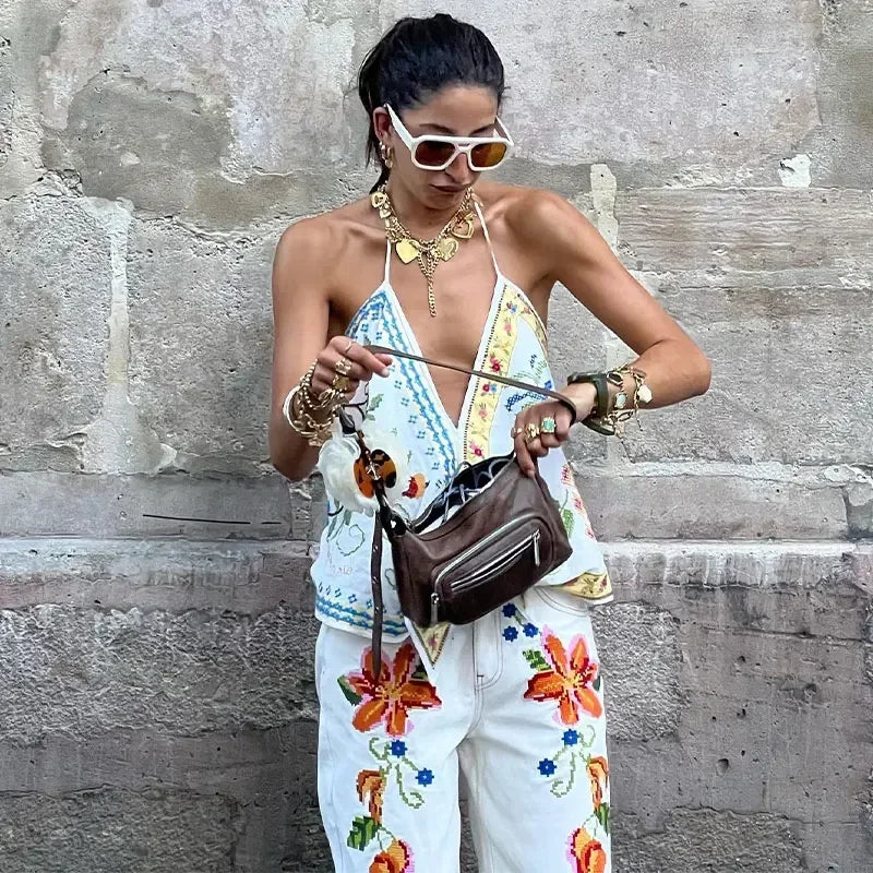 Women Holiday Casual Printed Two Piece Set Fashion Sleeveless Halter Tops And Wide Leg Pants Set Female Loose Street Outfits New - Seprincess