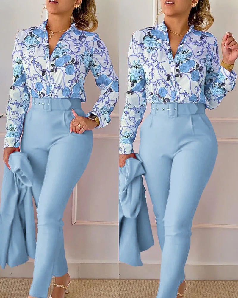 Elegant Women Shirt Two Piece Set Suits Fall New Fashion Print Long Sleeve Top Black Pants Set With Belt Blouses Female Clothing