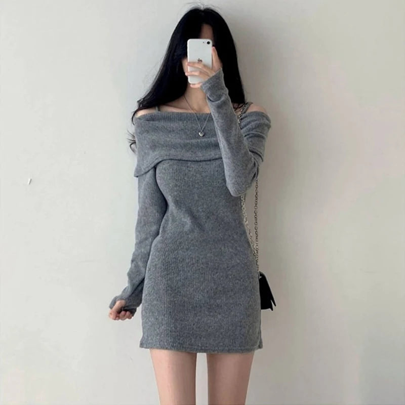 Y2K Women Knitted Mini Dress Korean Sexy Off Shoulder Female Dress Spring New Spaghetti Strap Long Sleeve Ladies Vestidos - Seprincess