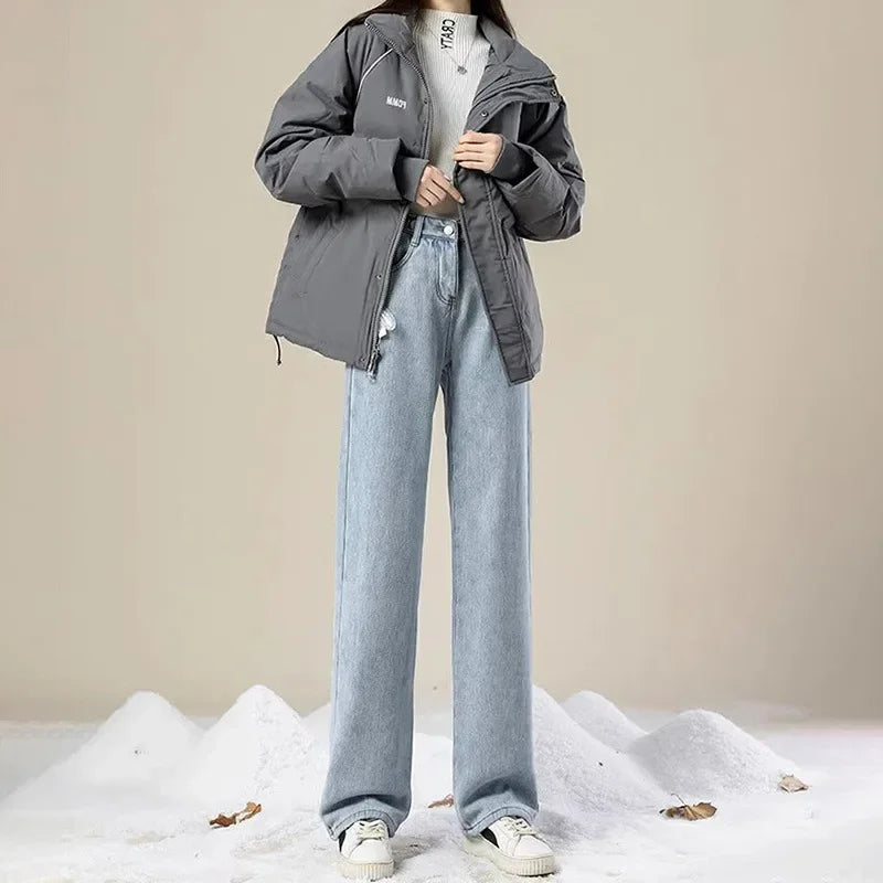 Thickened Fleece-Lined Warm Straight-Leg Jeans Design Adjustable High-Waisted Slimming Bell Bottoms Winter New Arrival