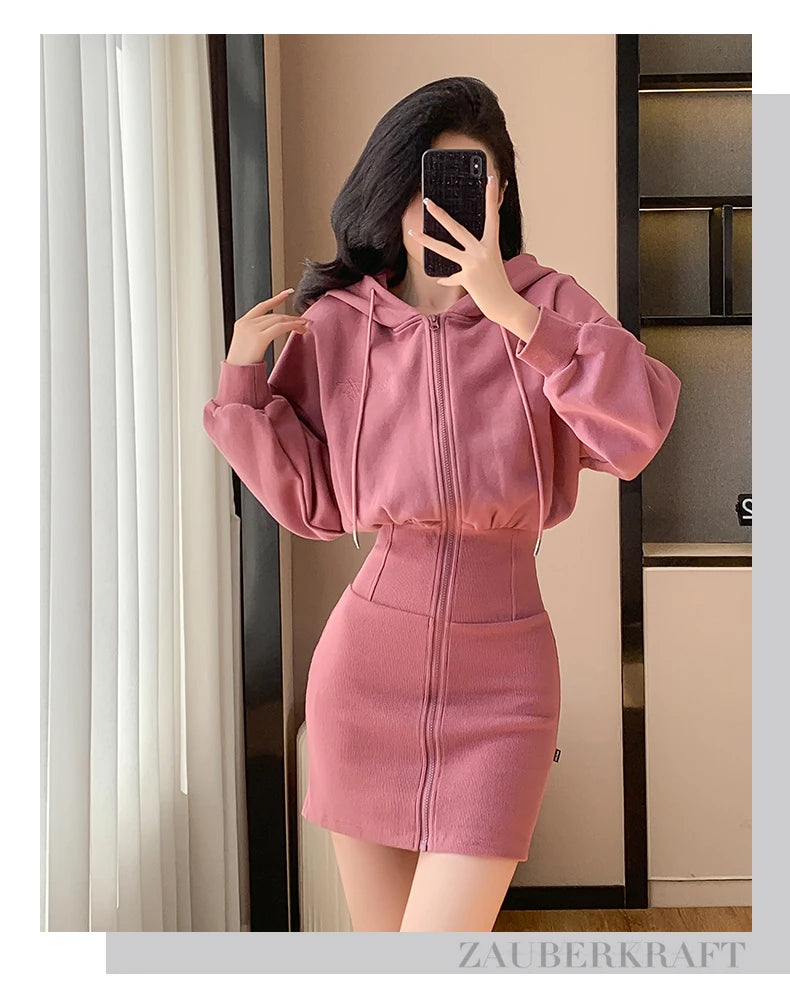 Korean Fashion Hoodie Dress Women Autumn Winter Long Sleeve Cat Ear Mini Dress Bodycon Dress Vestidos - Seprincess