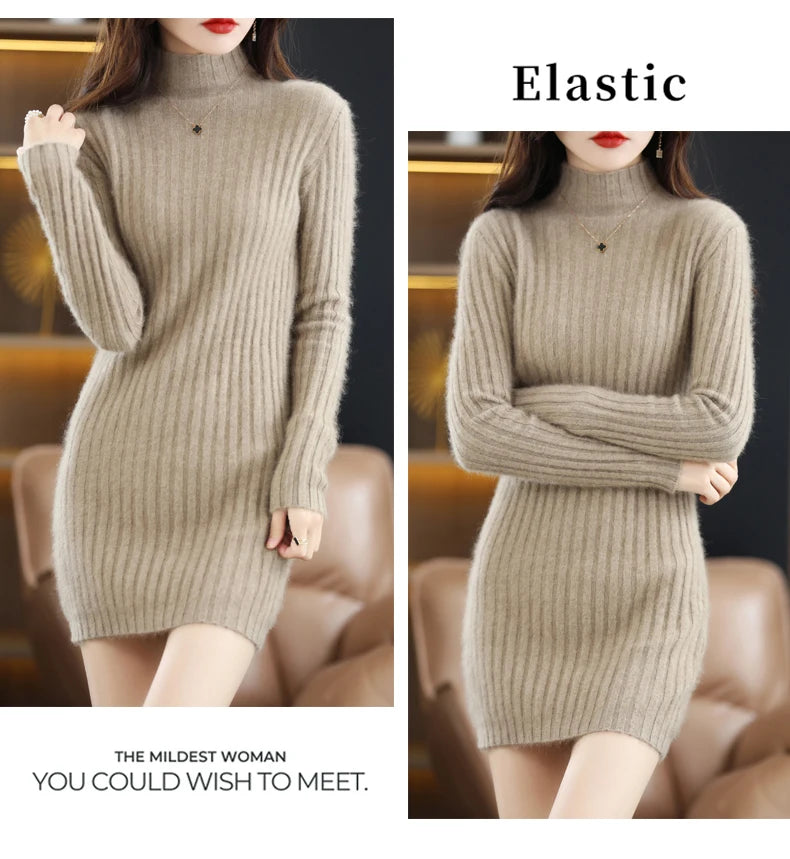 Women's High Collar Winter Warm Long Sleeve Solid Mink Cashmere Korean Version Loose Luxury Soft Cashmere Knitted Fit Dress - Seprincess