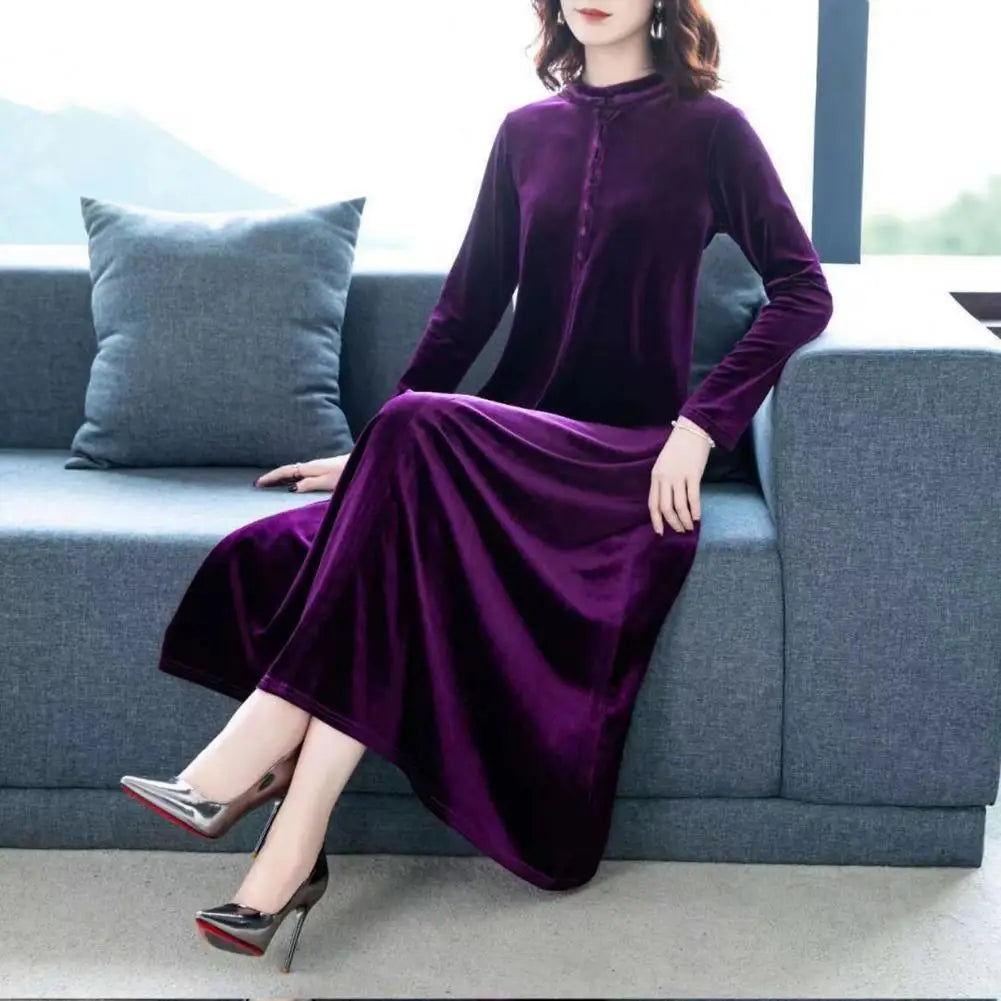 Spring Autumn Women Dress Solid Color Long Sleeves Button Female Maxi Dress Keep Warm Velvet O Neck Mid-calf Length Lady Dress - Seprincess