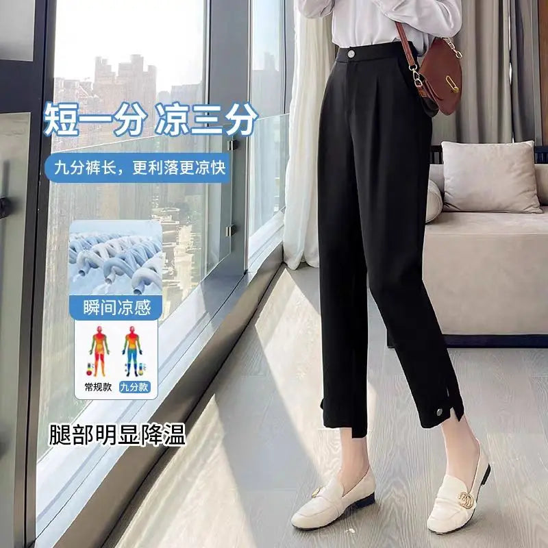 New Black Suit Pants For Women 2023 Spring/summer Straight Barrel Irregular High Waist Casual Cropped Wide Leg Pants