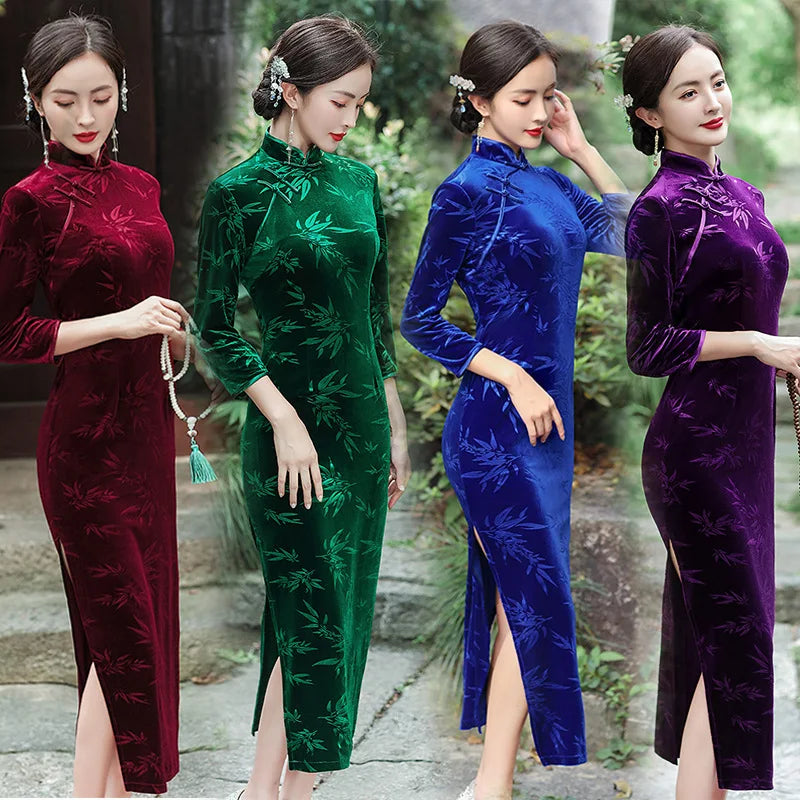 Plus Size Velvet Long Qipao Autumn Winter Female Chinese Dress Traditional Vintgae Mandarin Collar Cheongsam Sexy Slim Vestidos - Seprincess