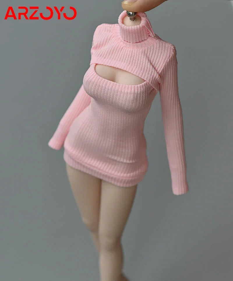 1/6 Female Soldier Sweater Slim Elastic High Neck Knit Pullover Sexy Open Chest Tops Mini Sweater Dress for 12" Action Figure - Seprincess