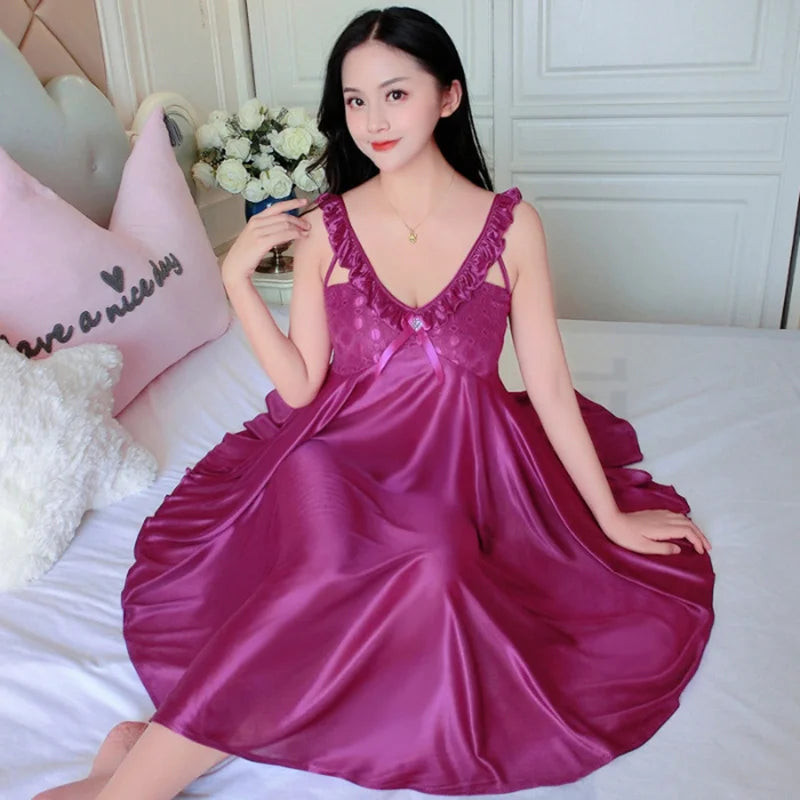 Thin Silk Lady Charming Sleepwear Night Dress Women Sexy Soft Lingerie Spaghetti Strap Home Wear Honeymoon Bride Wedding Nighty - Seprincess