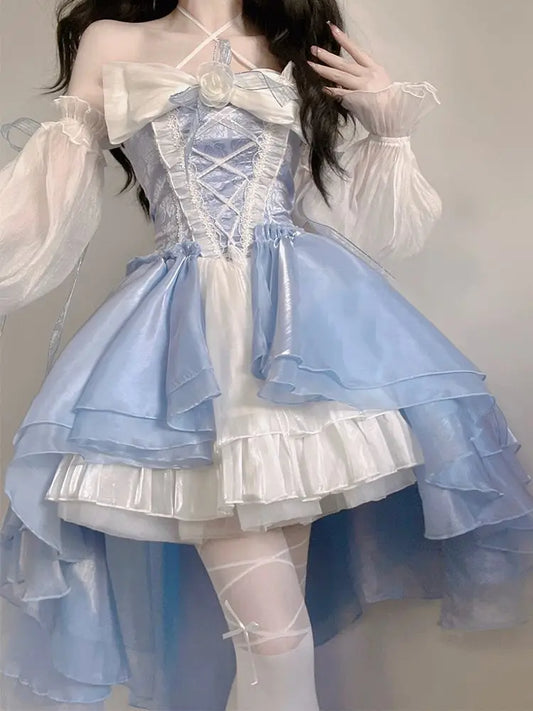 French Romantic Style Lolita Op Elegant Girl Cosplay Princess Puff Sleeve Ribbon Bowknot Flower Tunic Mesh Fantastic Fairy Dress - Seprincess