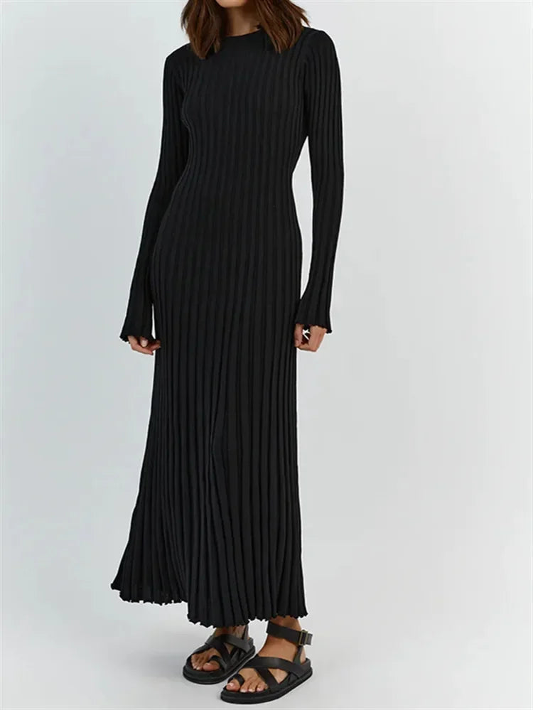 Women Elegant Solid Pleated Knitted Maxi Dress Casual Round Neck Long Sleeve Lace Up Dresses 2024 Autumn Lady High Street Robes - Seprincess