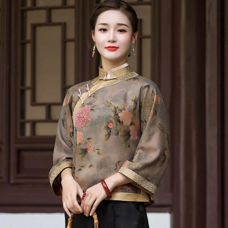 Cheongsam Women's Plus Size Tops 2024 Autumn Fashion Satin Fabric Prints Splicing Stand Collar Chinese Style Qipao Shirts Woman - Seprincess