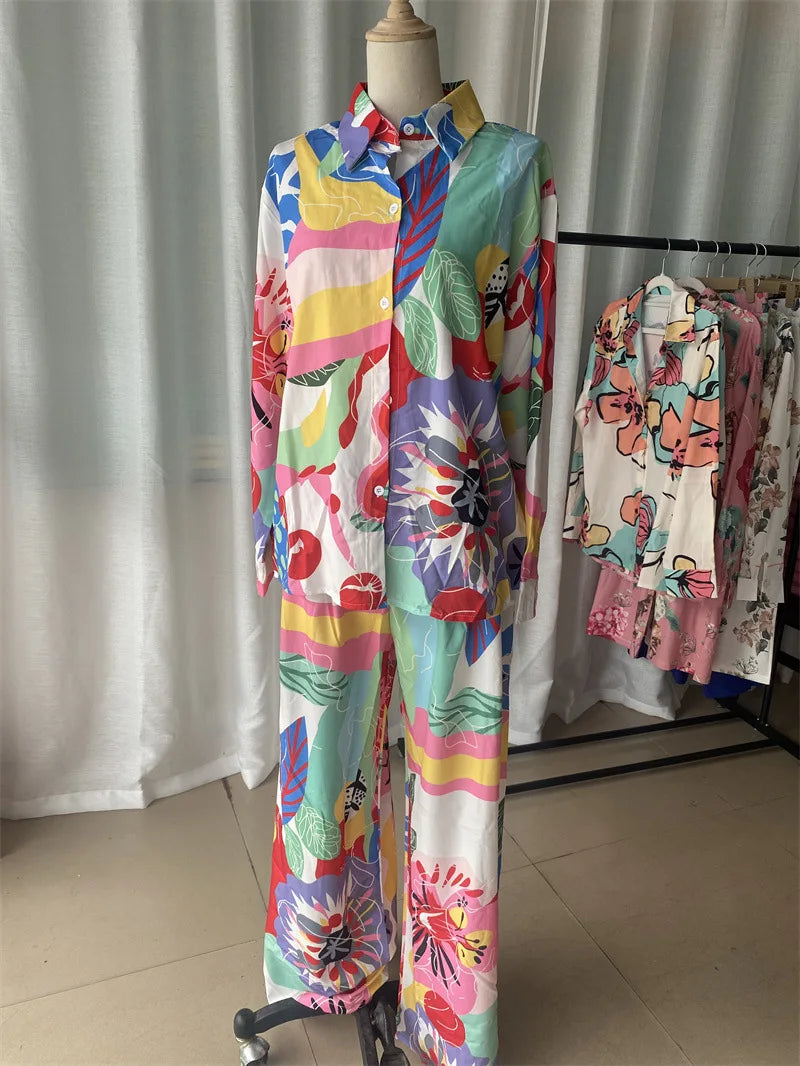 Fashion Color Print Two Piece Set Women Trendy Loose Long Sleeve Shirts Wide Legs Trousers 2 Piece Set Female  Commuting Suits - Seprincess