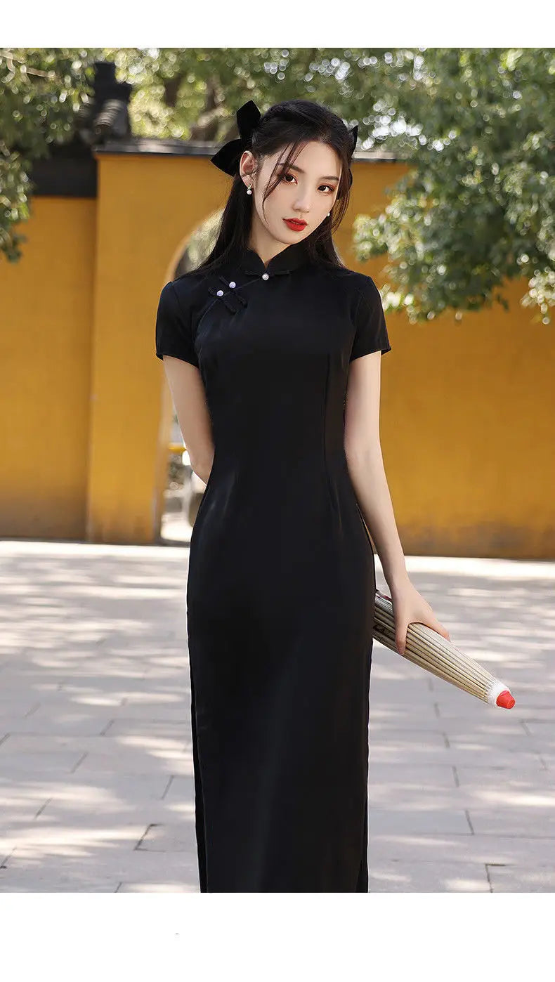 Chinese Dress Qipao Modern Women Black Slim Long Cheongsam Traditional Harajuku Hanfu Robe Orientale Vintage Vestido Mujer - Seprincess