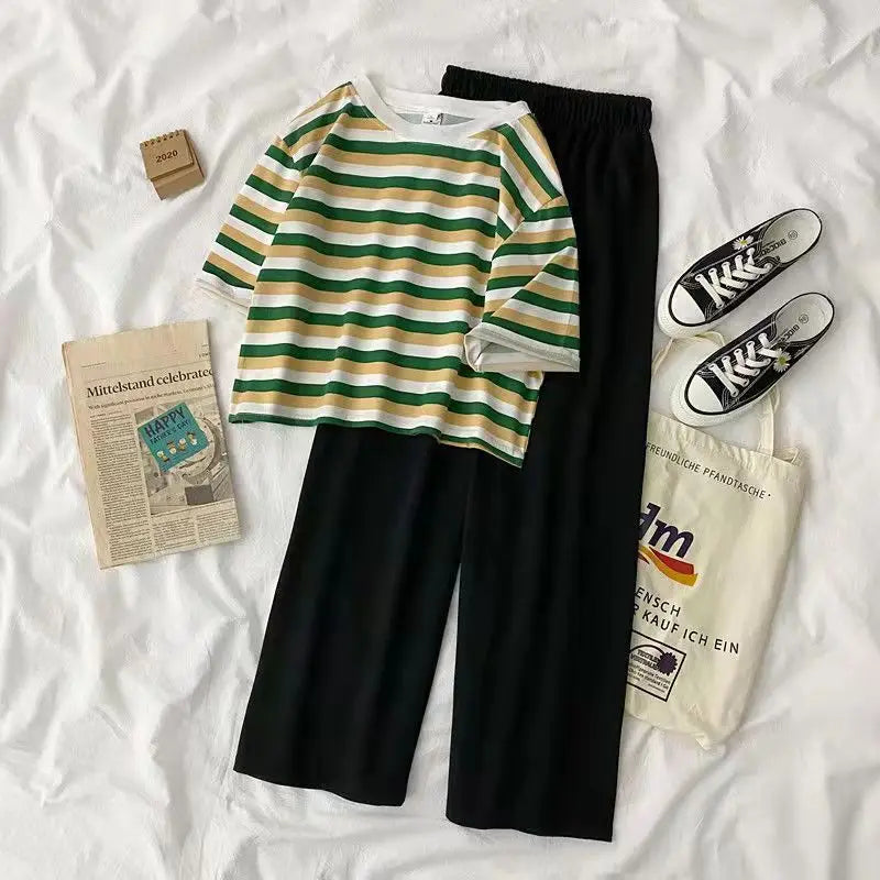 2 Pcs Women Sets Chic Striped Summer Leisure Femme Outfits Korean  Casual Suit Crop Top Basic Black High Waist Wide-leg Set