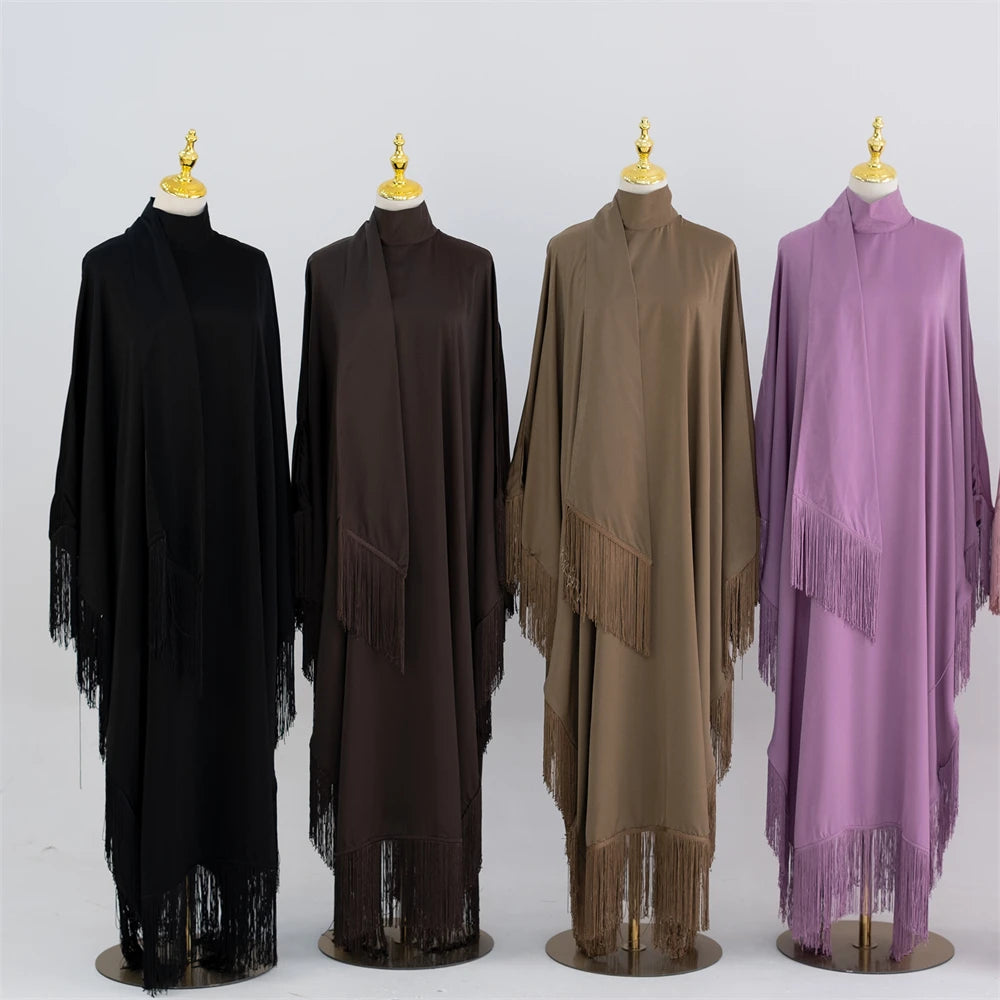 Ramadan Eid Satin Women Kaftan Islam Muslim Batwing Dress Butterfly Khimar Abaya Set Kebaya Caftan Marocain Robe Femme Musulmane - Seprincess