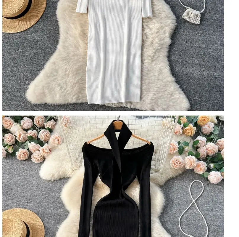 Autumn Winter Women Long Dress Elegant Halter Slim Waist Knitted Bodycon Dress Korean Office Lady Sweater Dresses Vestidos - Seprincess